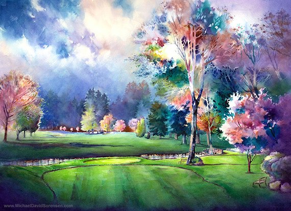 570x412 The Eighth Hole At Royal Oaks Golf Watercolor Painting Etsy
