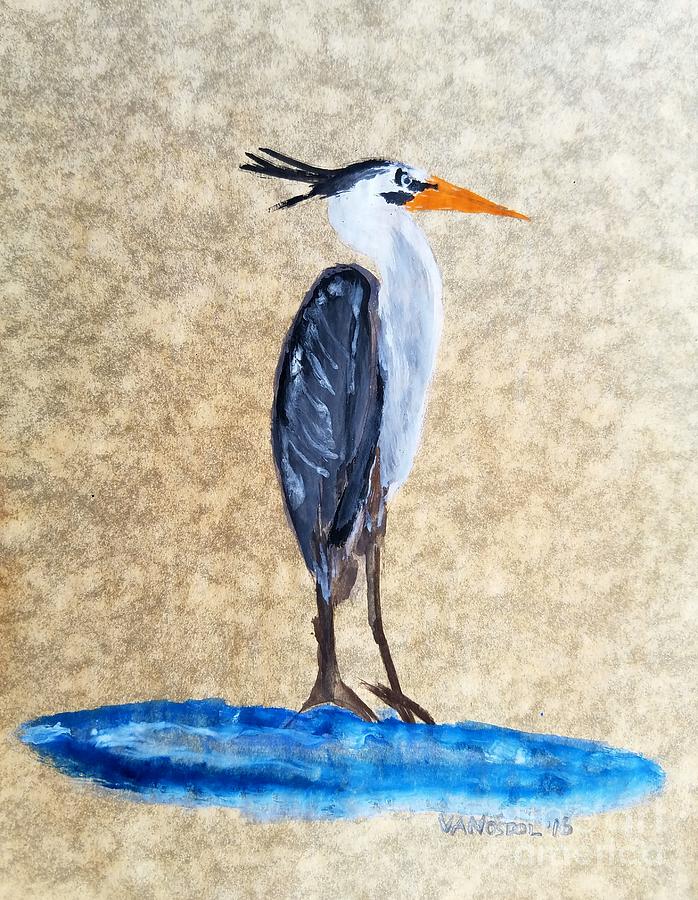 698x900 Great Blue Heron Watercolor Antique Parchment Paper Painting By