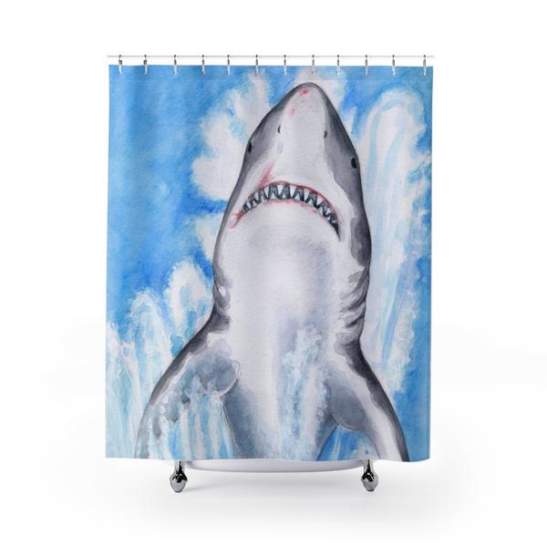 600x600 Great White Shark Watercolor Art Shower Curtain Seven Sirens Studios