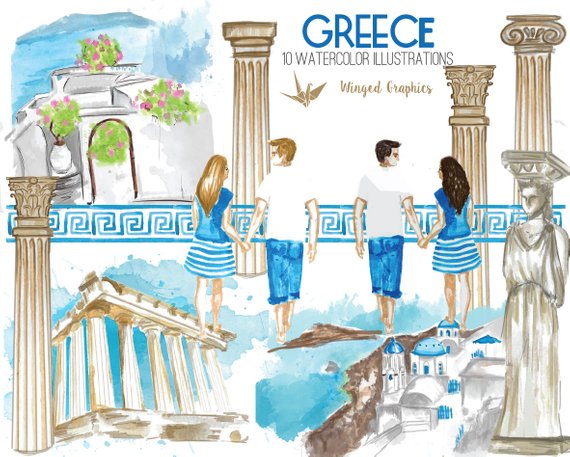 570x457 Greece Watercolor Handpainted Illustrations Clipart Set 10 Etsy