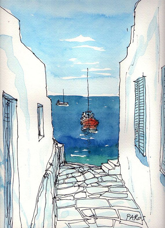 570x784 Paros Boat Greece Art Print From Original Watercolor Painting We