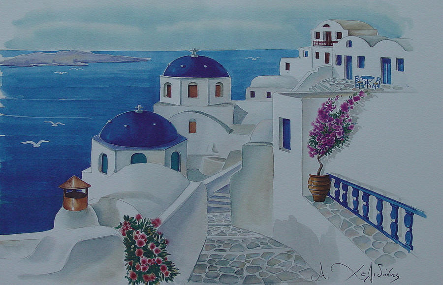 900x579 Santorini Greece Blue Churches Painting By Helidon