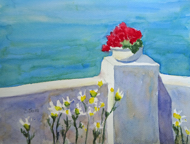 628x478 Santorini Greece Plein Air Watercolor Painting Carolyn