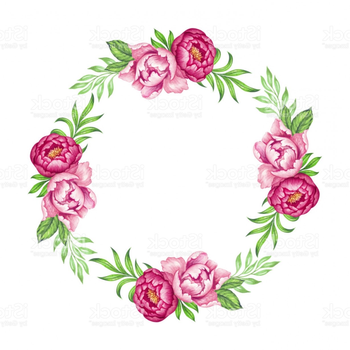 1228x1228 Fresh Pink Peony Round Wreath Rose And Green Leaves Watercolor