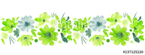 500x189 Green Watercolor Flowers Border. Leaves, Dots Spirals And