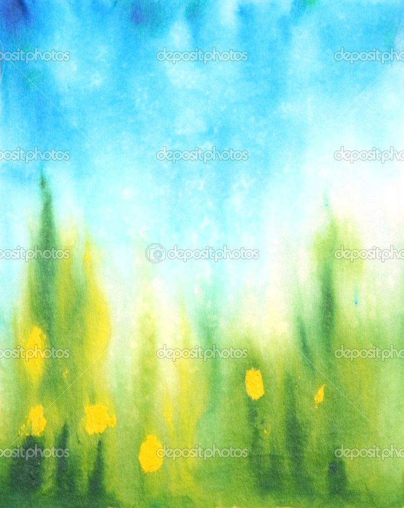814x1023 Abstract Hand Drawn Watercolor Background Blue Sky, Green Grass