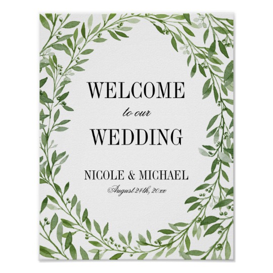 540x540 Greenery Watercolor Leaf Wreath Wedding Welcome Poster