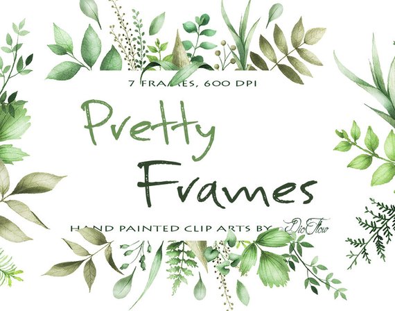 570x448 Watercolor Greenery Clipart Frame Leaf Leaves Clipart Vector Etsy