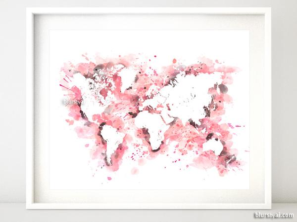 600x450 Light Pink And Grey Watercolor World Map In Distressed Strokes