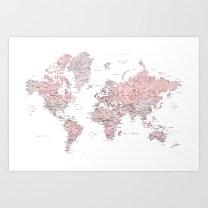 700x700 Dusty Pink And Grey Detailed Watercolor World Map Art Print By