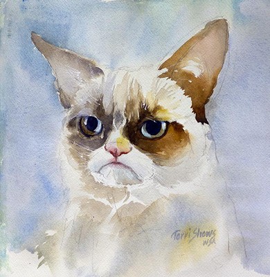 390x400 Grumpy Cat Watercolor Original Painting By Terri Shows
