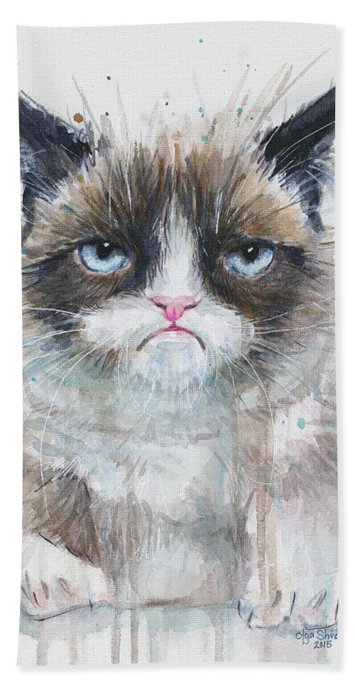 500x967 Grumpy Cat Watercolor Painting Beach Towel For Sale By Olga Shvartsur