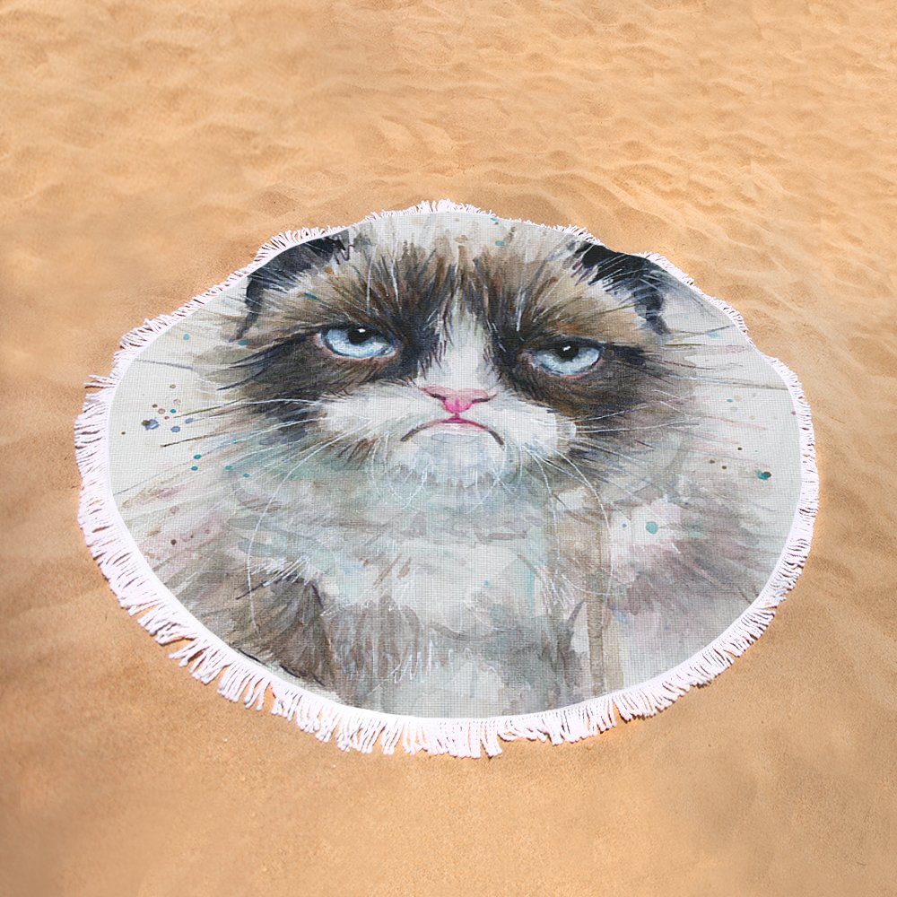 1000x1000 Grumpy Cat Watercolor Painting Round Beach Towel For Sale By Olga