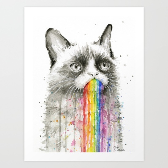 550x550 Watercolor Grumpy Cat Rainbow Art Print