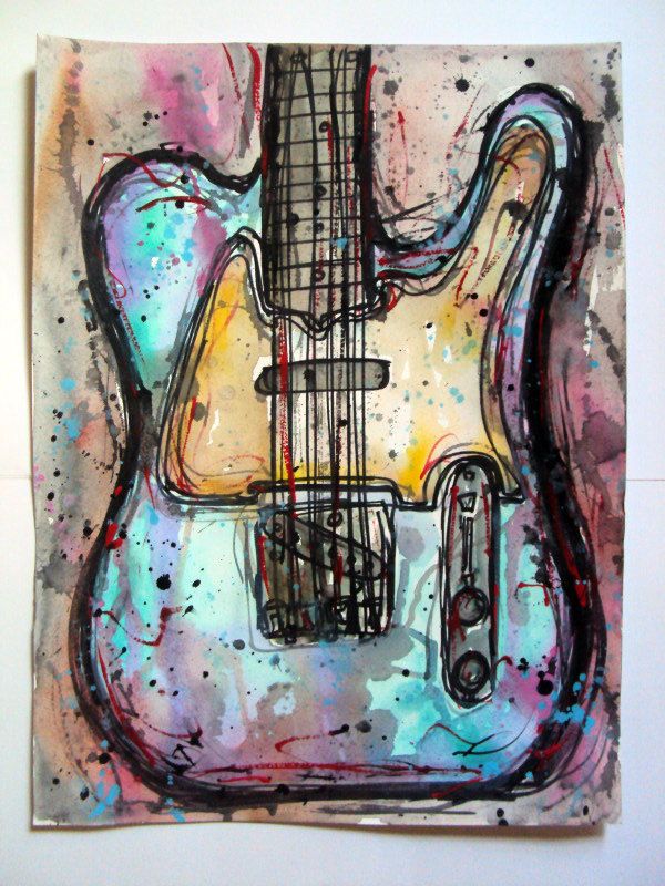 600x800 Fender Telecaster Electric Guitar Watercolor Painting (Aquayellow