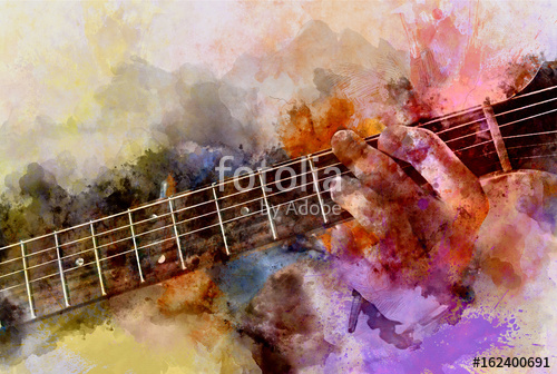 500x336 Playing Guitar On Colorful Watercolor Background, Digital