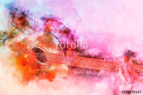 500x334 Playing Guitar On Watercolor Background, Digital Watercolor