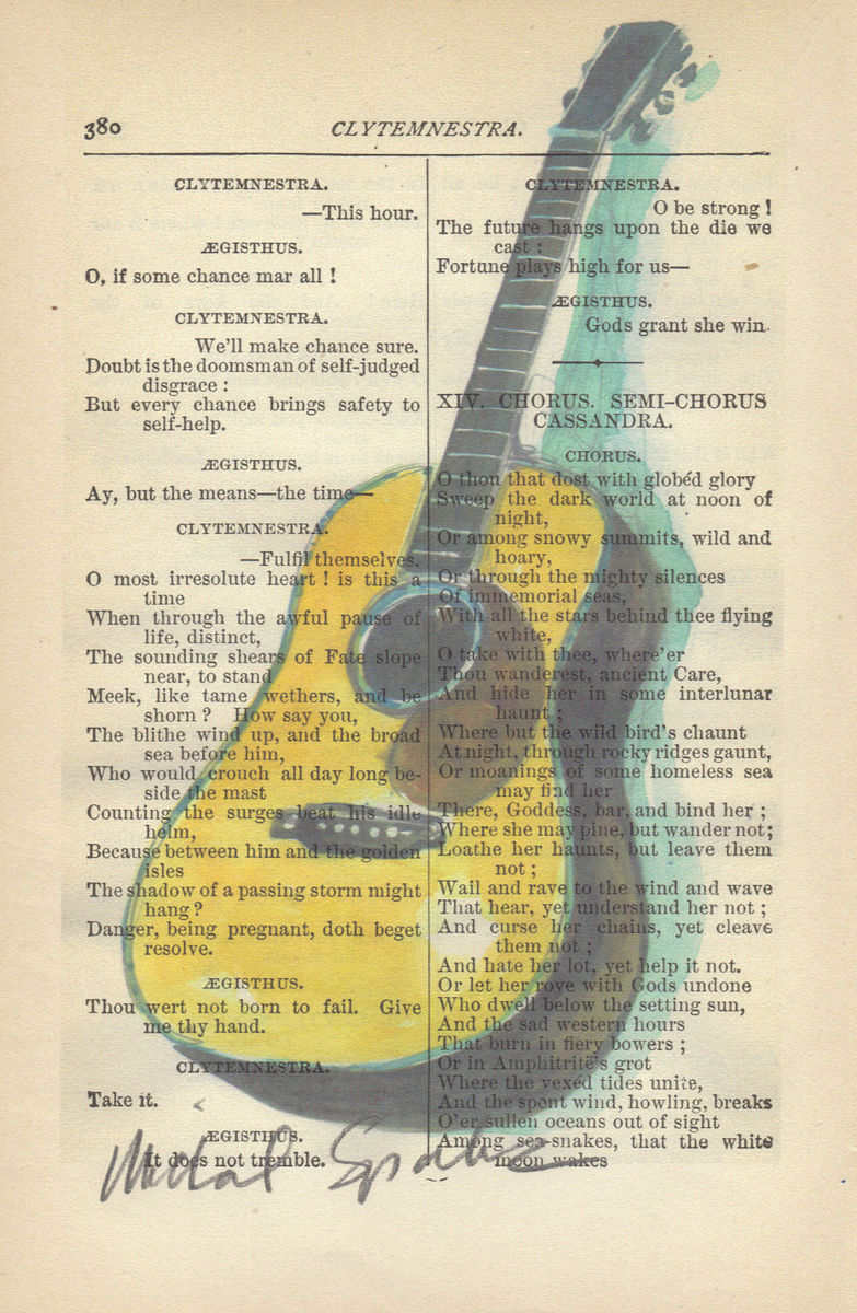 783x1200 Watercolor Painting, Guitar, Print On Antique Book Page