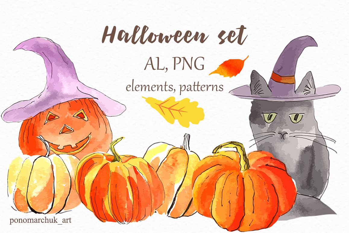 1158x772 Halloween Watercolor Set. Vector