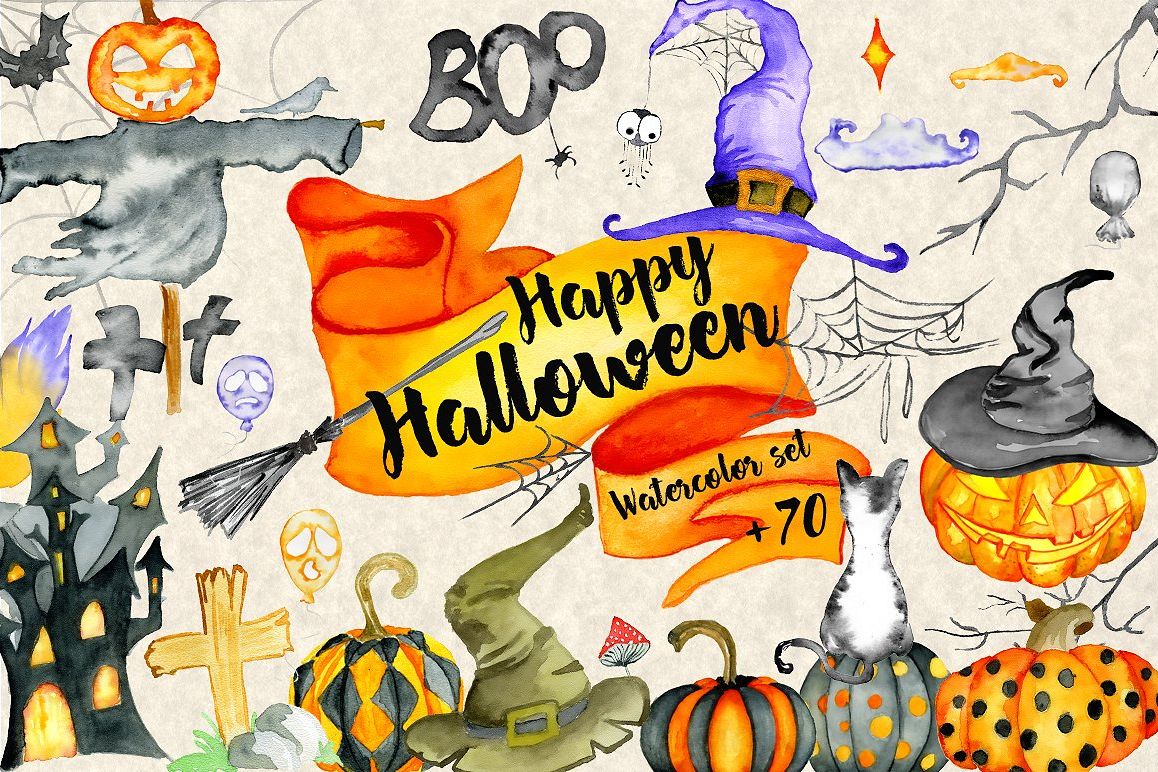 1158x772 Happy Halloween Watercolor Set By Evgen Design Bundles
