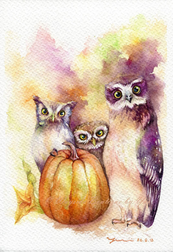 570x833 Print Welcome Halloween Watercolor Painting 7.5 X Owls