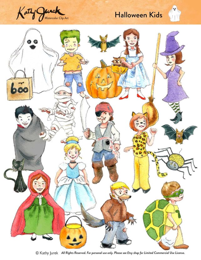 642x831 Halloween Watercolor Clip Art Kids Halloween Watercolor Clip Etsy
