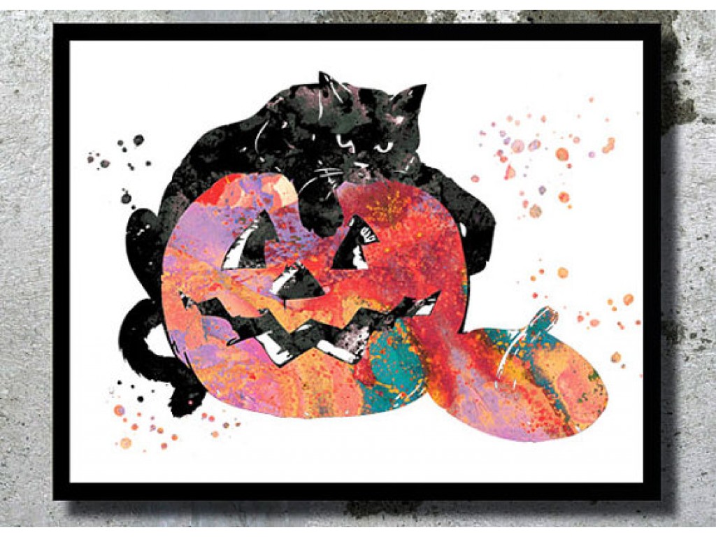 1024x768 Halloween Decor Pumpkin Black Cat Watercolor Art Print Cat
