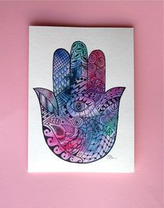 236x299 Watercolor Card, (No. 73), Zentangle Art Card, Zentangle Hamsa