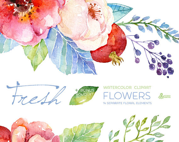 570x452 Fresh Flowers Clipart + Bouquet. Handpainted Watercolor, Wedding
