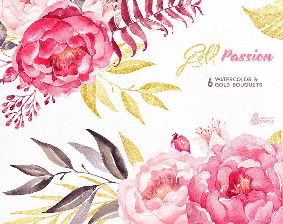 570x452 Gold Passion 6 Bouquets, Watercolor Hand Painted Clipart, Peonies