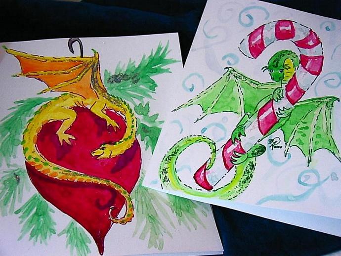 690x518 Handpainted Watercolor Christmas Dragons By Enchantedcraft On Zibbet