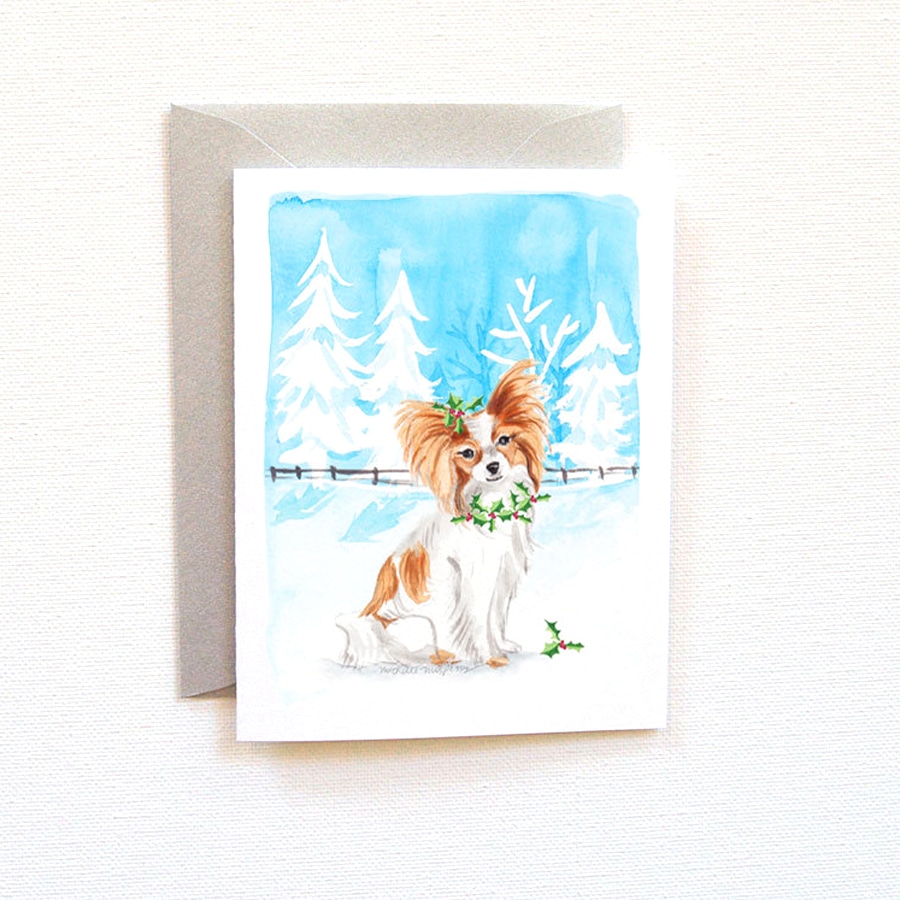 900x900 Papillon Dog Christmas Card Set Custom Watercolor Invitations