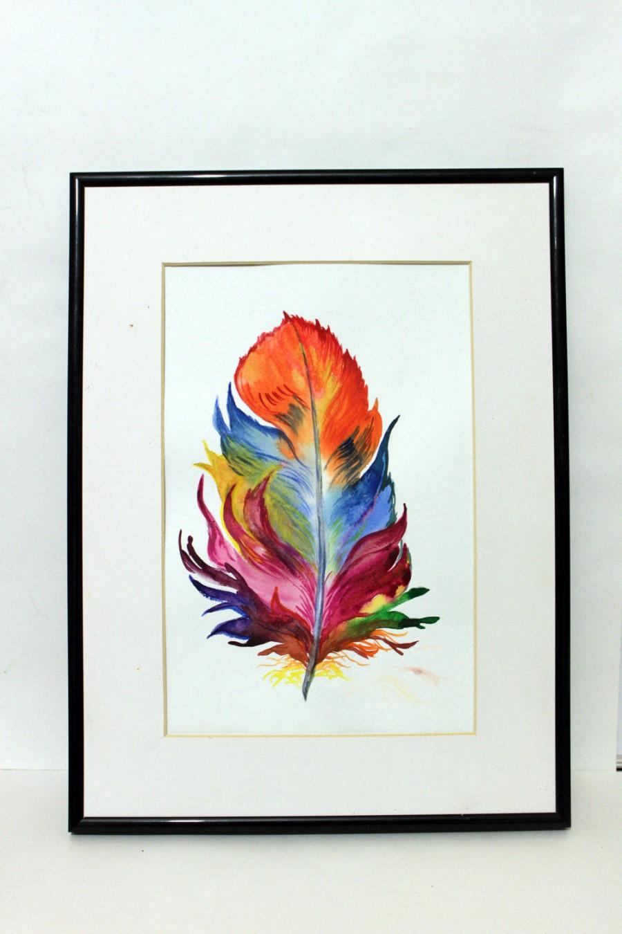 900x1350 Feather Original Watercolor Painting Handmade Colorful Home Decor
