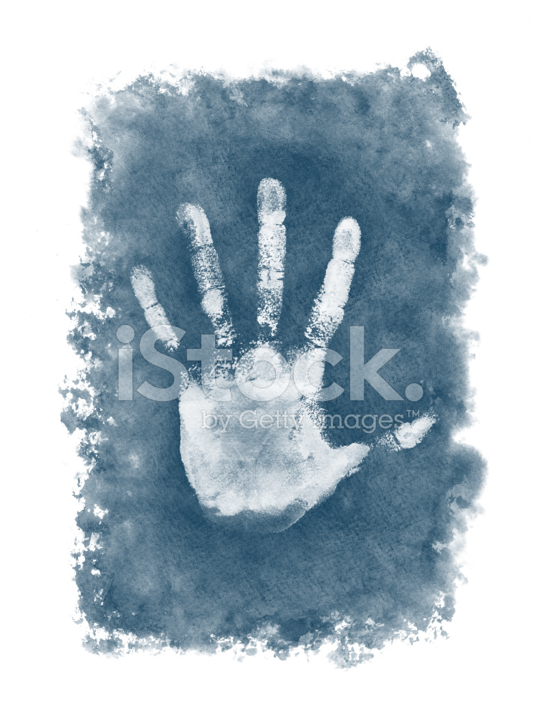 787x1024 White Handprint On Blue Watercolor Background Stock Vector