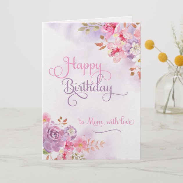 630x630 To Mum With Love, Happy Birthday Watercolor Card Zazzle.co.uk