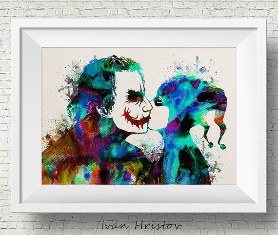 570x482 Joker And Harley Quinn Inspired Kiss Love Watercolor Painting