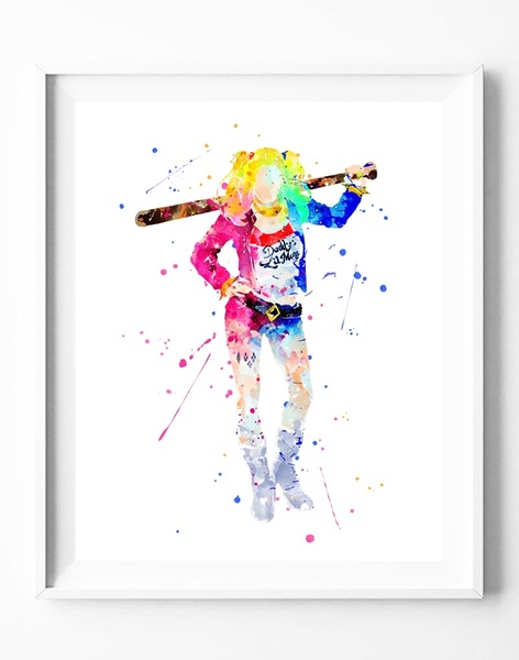 472x600 Wish Batman Harley Quinn Watercolor Painting Canvas Art Print