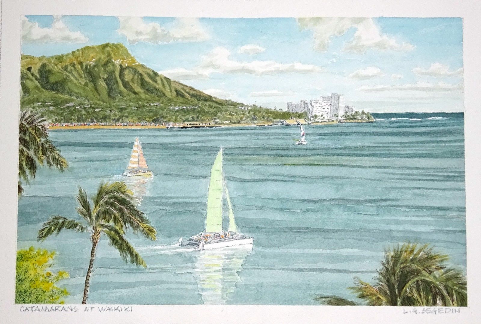 1600x1080 Original Hawaii Watercolor Painting Catamarans