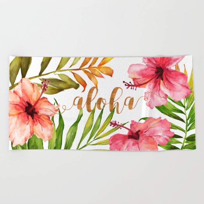 700x700 Aloha Watercolor Tropical Hawaiian Leaves And Flowers Beach Towel
