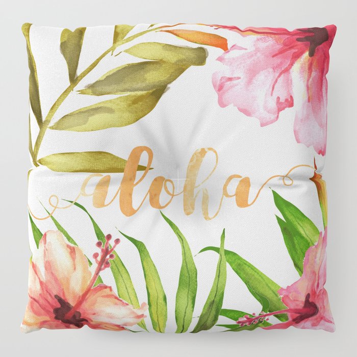 700x700 Aloha Watercolor Tropical Hawaiian Leaves And Flowers Floor Pillow