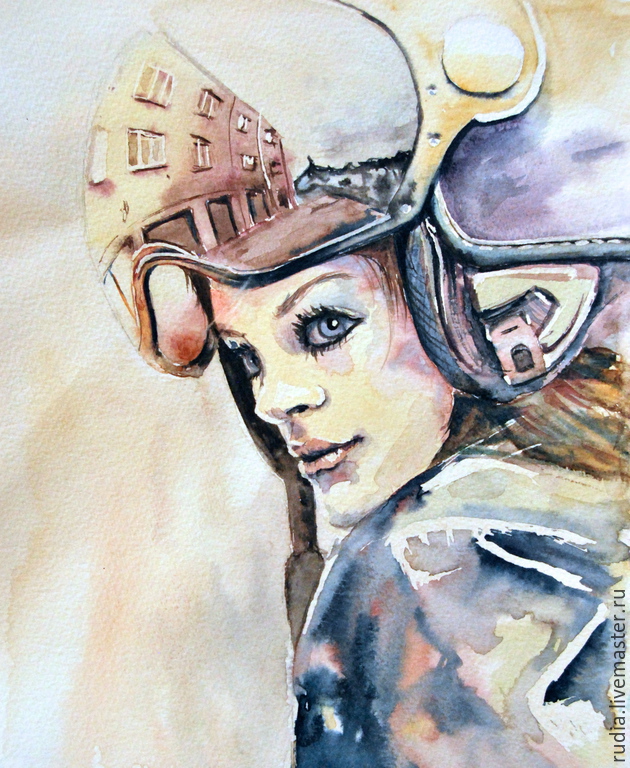 630x768 Watercolor Painting Reflection. Watercolor. Girl And Motorcycle