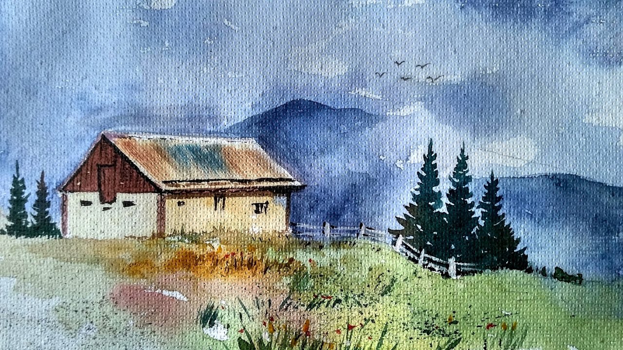 1280x720 House On Top Of Hill Landscape Watercolor Painting