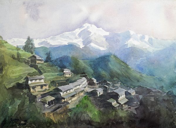 600x436 Village Overseeing Mountain Watercolor Painting