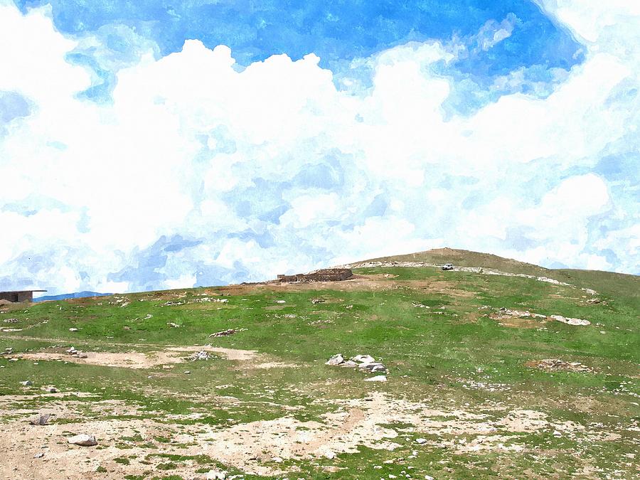 900x675 Watercolor Of Green Grass Hill And Cloudy Blue Sky Painting By
