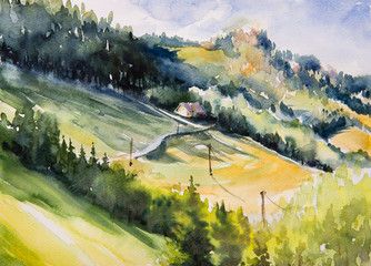 334x240 Watercolor Illustration Of A Summer Landscape Cottage House On A
