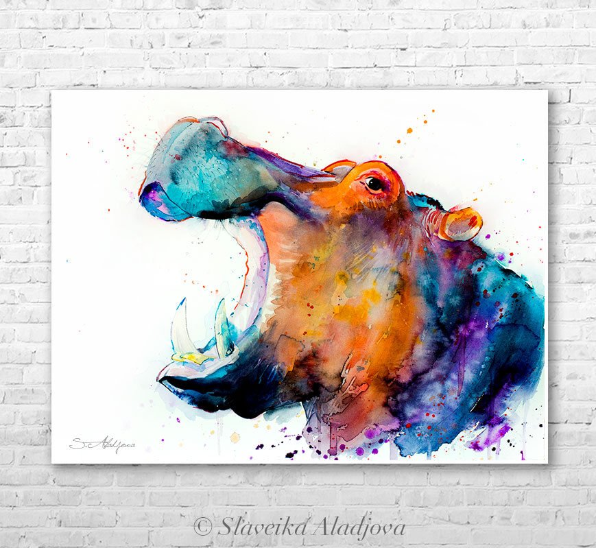 869x799 Hippo Watercolor Painting Print By Slaveika Aladjova, Art, Animal