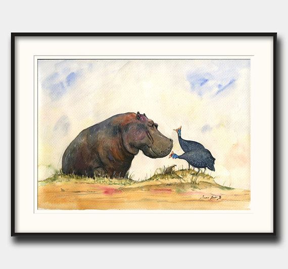 570x532 Hippo With Guineafowls Painting