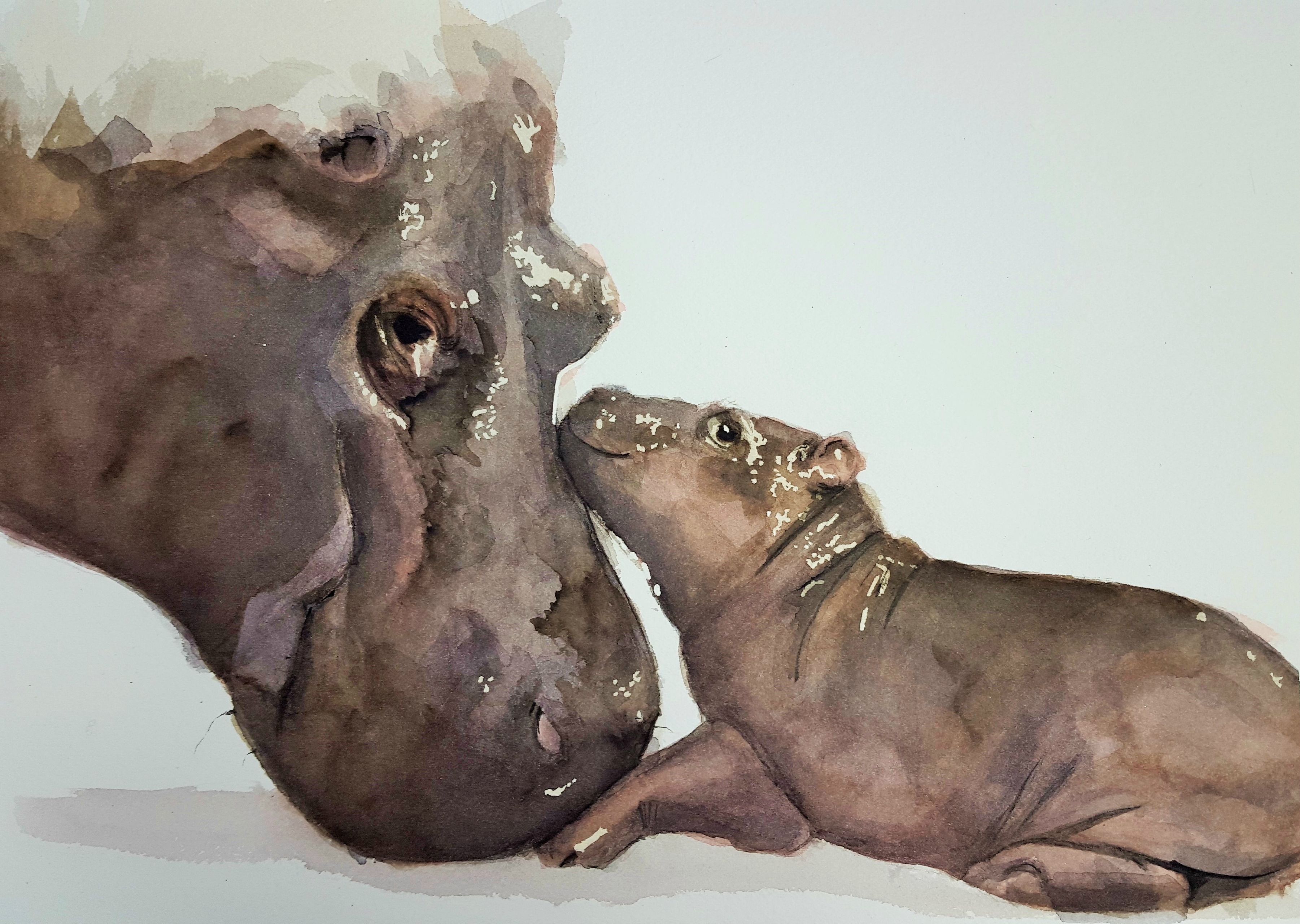3602x2561 Momma And Baby Hippo, Watercolor, 9x12, Arches Watercolor Paper
