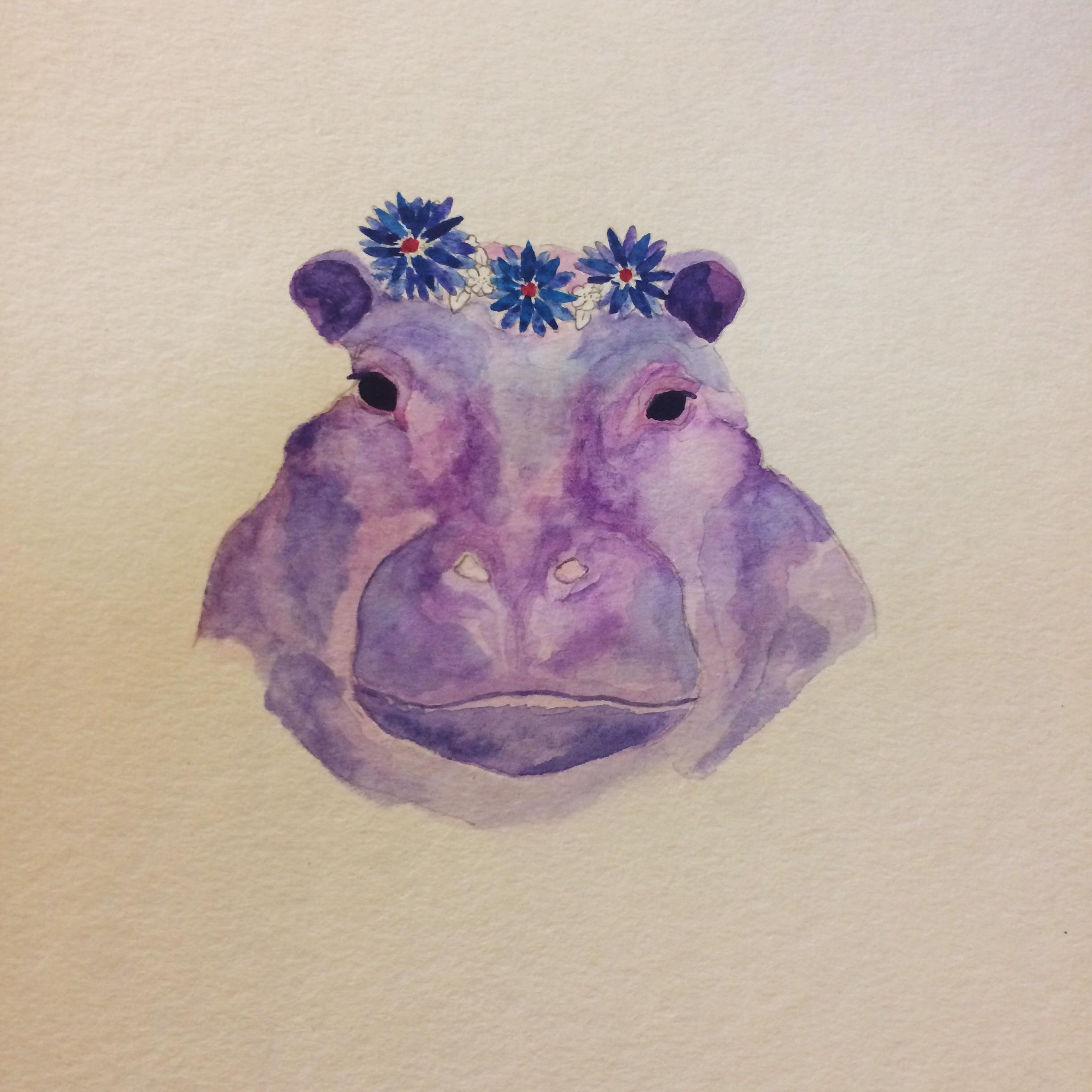 2448x2448 Flower Crown Hippo, Watercolor, 8x11 Art