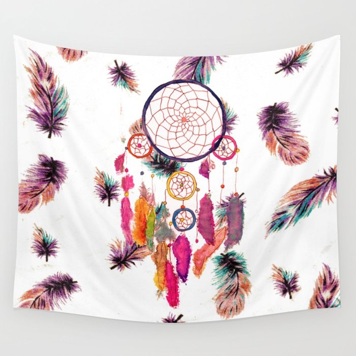700x700 Hipster Watercolor Dreamcatcher Feathers Pattern Wall Tapestry By